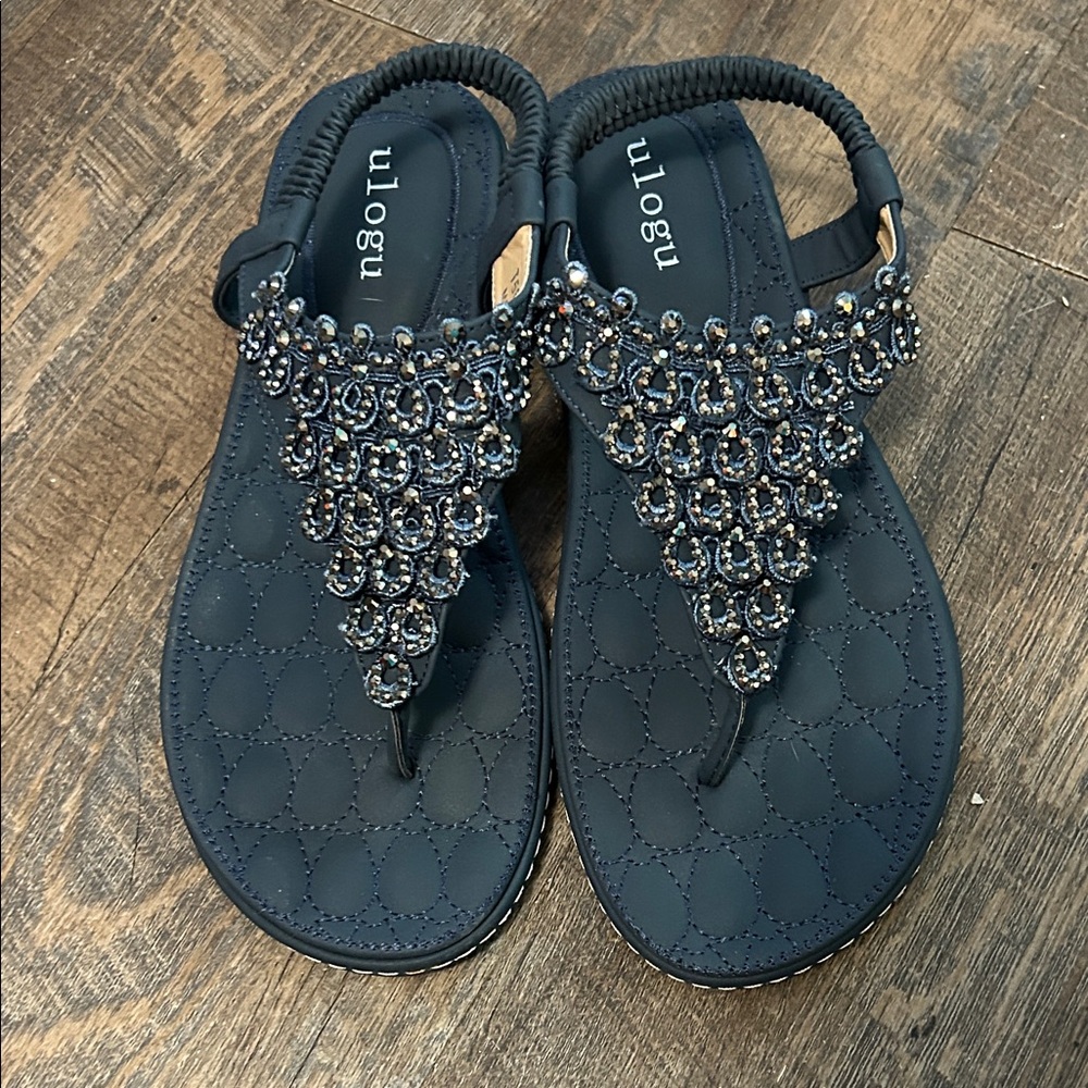 Ulogu Navy Blue thong flat sandals with rhinestone beaded embellishments Size 40